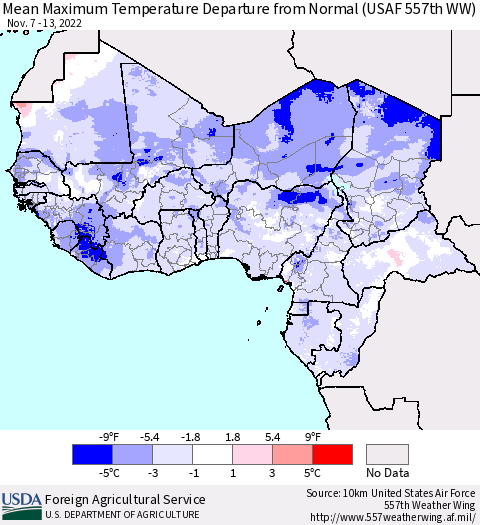 Western Africa Mean Maximum Temperature Departure from Normal (USAF 557th WW) Thematic Map For 11/7/2022 - 11/13/2022