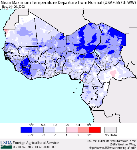 Western Africa Mean Maximum Temperature Departure from Normal (USAF 557th WW) Thematic Map For 11/14/2022 - 11/20/2022