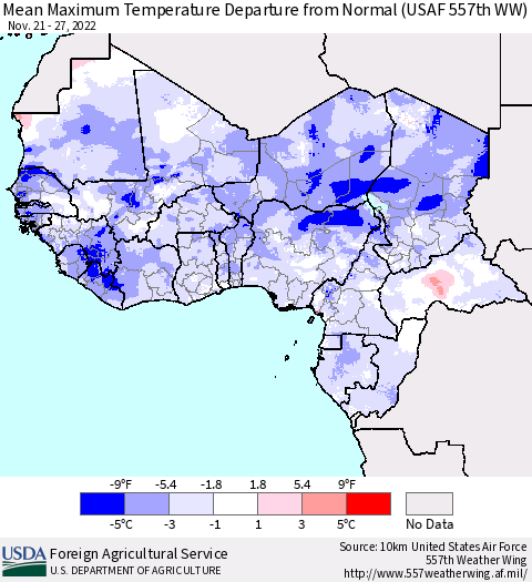 Western Africa Mean Maximum Temperature Departure from Normal (USAF 557th WW) Thematic Map For 11/21/2022 - 11/27/2022
