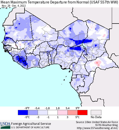 Western Africa Mean Maximum Temperature Departure from Normal (USAF 557th WW) Thematic Map For 11/28/2022 - 12/4/2022
