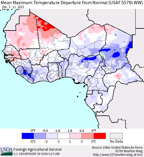 Western Africa Mean Maximum Temperature Departure from Normal (USAF 557th WW) Thematic Map For 12/5/2022 - 12/11/2022