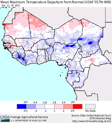 Western Africa Mean Maximum Temperature Departure from Normal (USAF 557th WW) Thematic Map For 12/12/2022 - 12/18/2022