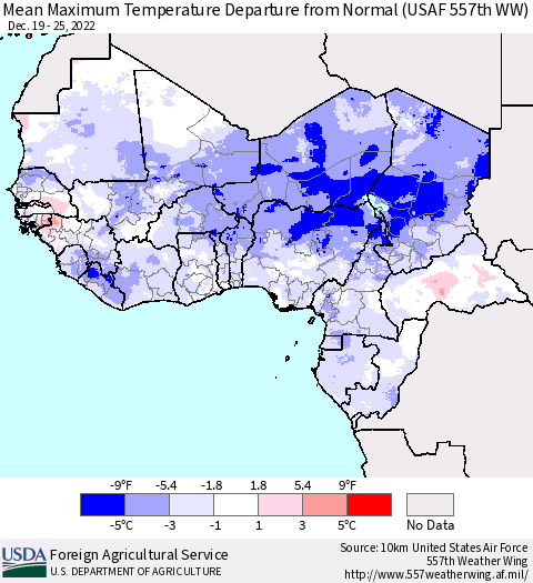 Western Africa Mean Maximum Temperature Departure from Normal (USAF 557th WW) Thematic Map For 12/19/2022 - 12/25/2022