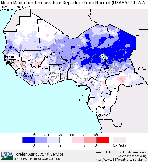 Western Africa Mean Maximum Temperature Departure from Normal (USAF 557th WW) Thematic Map For 12/26/2022 - 1/1/2023