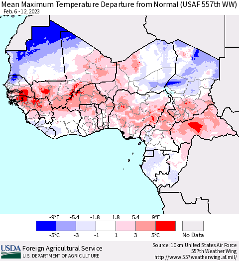 Western Africa Mean Maximum Temperature Departure from Normal (USAF 557th WW) Thematic Map For 2/6/2023 - 2/12/2023