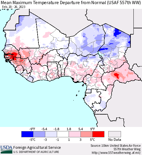 Western Africa Mean Maximum Temperature Departure from Normal (USAF 557th WW) Thematic Map For 2/20/2023 - 2/26/2023
