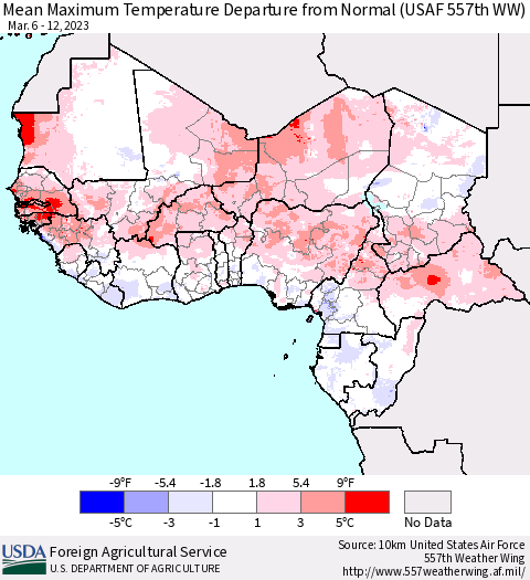 Western Africa Mean Maximum Temperature Departure from Normal (USAF 557th WW) Thematic Map For 3/6/2023 - 3/12/2023