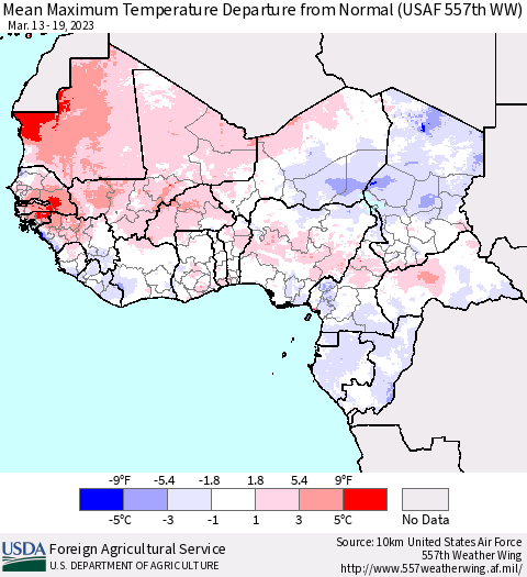 Western Africa Mean Maximum Temperature Departure from Normal (USAF 557th WW) Thematic Map For 3/13/2023 - 3/19/2023