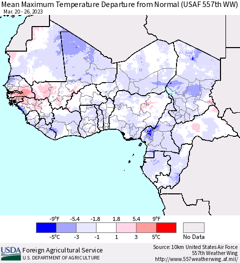 Western Africa Mean Maximum Temperature Departure from Normal (USAF 557th WW) Thematic Map For 3/20/2023 - 3/26/2023