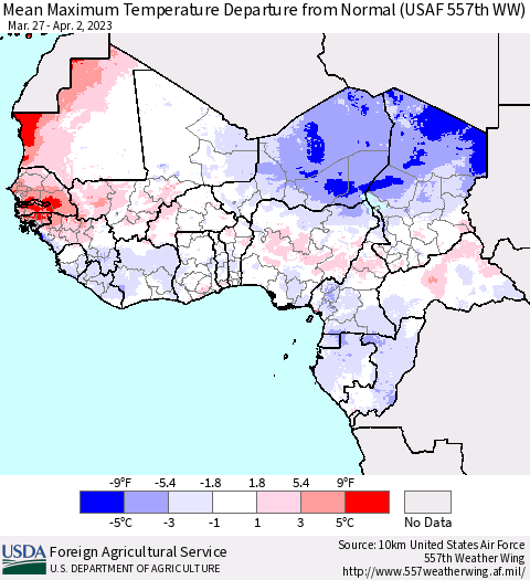 Western Africa Mean Maximum Temperature Departure from Normal (USAF 557th WW) Thematic Map For 3/27/2023 - 4/2/2023