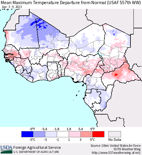 Western Africa Mean Maximum Temperature Departure from Normal (USAF 557th WW) Thematic Map For 4/3/2023 - 4/9/2023