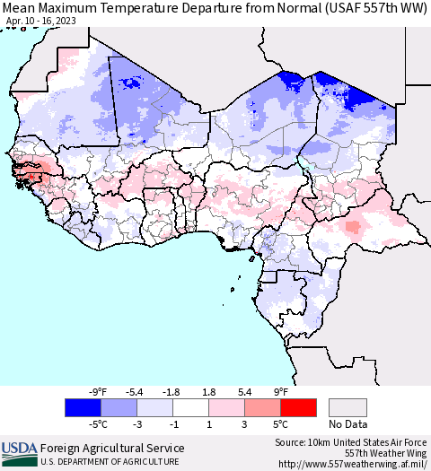 Western Africa Mean Maximum Temperature Departure from Normal (USAF 557th WW) Thematic Map For 4/10/2023 - 4/16/2023