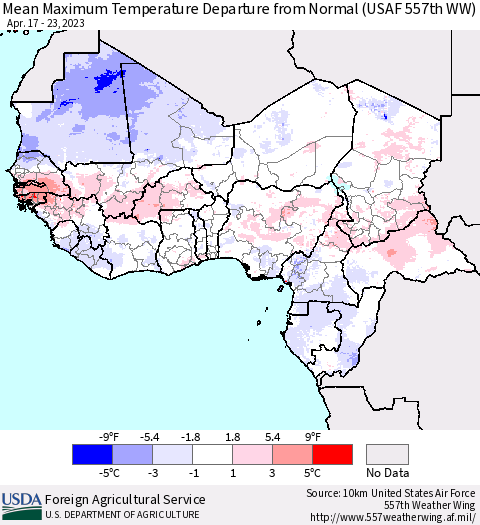 Western Africa Mean Maximum Temperature Departure from Normal (USAF 557th WW) Thematic Map For 4/17/2023 - 4/23/2023