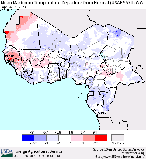 Western Africa Mean Maximum Temperature Departure from Normal (USAF 557th WW) Thematic Map For 4/24/2023 - 4/30/2023