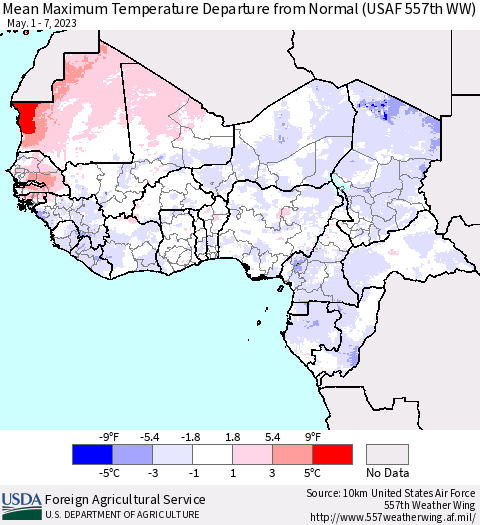 Western Africa Mean Maximum Temperature Departure from Normal (USAF 557th WW) Thematic Map For 5/1/2023 - 5/7/2023