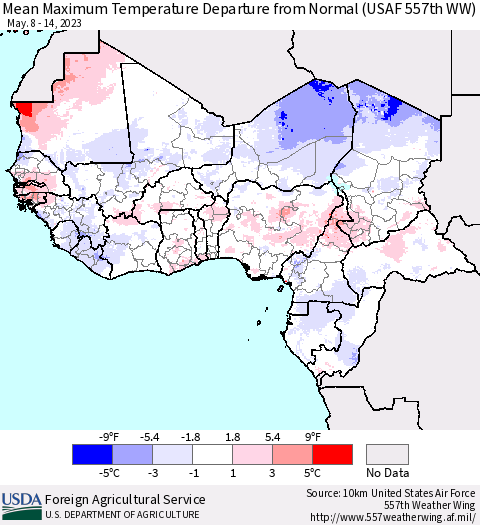 Western Africa Mean Maximum Temperature Departure from Normal (USAF 557th WW) Thematic Map For 5/8/2023 - 5/14/2023