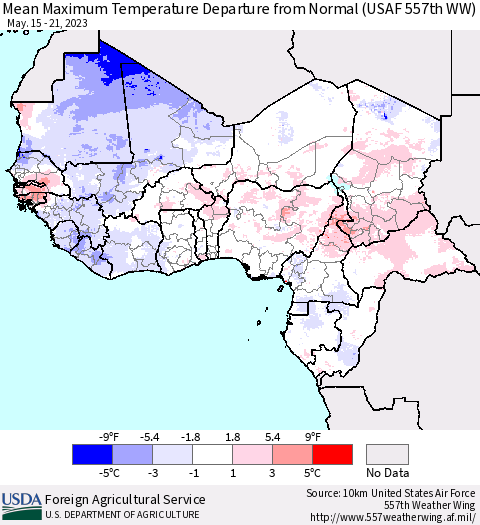Western Africa Mean Maximum Temperature Departure from Normal (USAF 557th WW) Thematic Map For 5/15/2023 - 5/21/2023
