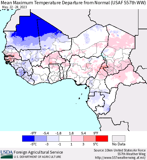 Western Africa Mean Maximum Temperature Departure from Normal (USAF 557th WW) Thematic Map For 5/22/2023 - 5/28/2023