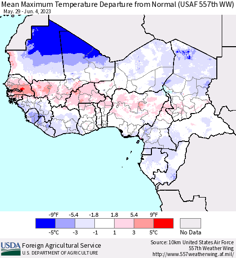 Western Africa Mean Maximum Temperature Departure from Normal (USAF 557th WW) Thematic Map For 5/29/2023 - 6/4/2023