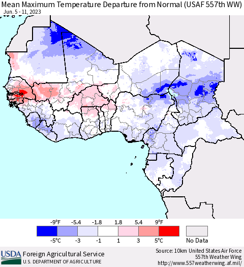 Western Africa Mean Maximum Temperature Departure from Normal (USAF 557th WW) Thematic Map For 6/5/2023 - 6/11/2023