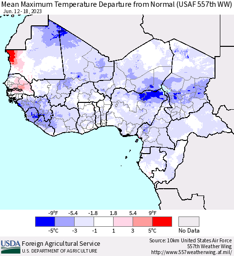 Western Africa Mean Maximum Temperature Departure from Normal (USAF 557th WW) Thematic Map For 6/12/2023 - 6/18/2023