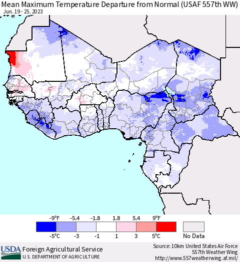 Western Africa Mean Maximum Temperature Departure from Normal (USAF 557th WW) Thematic Map For 6/19/2023 - 6/25/2023