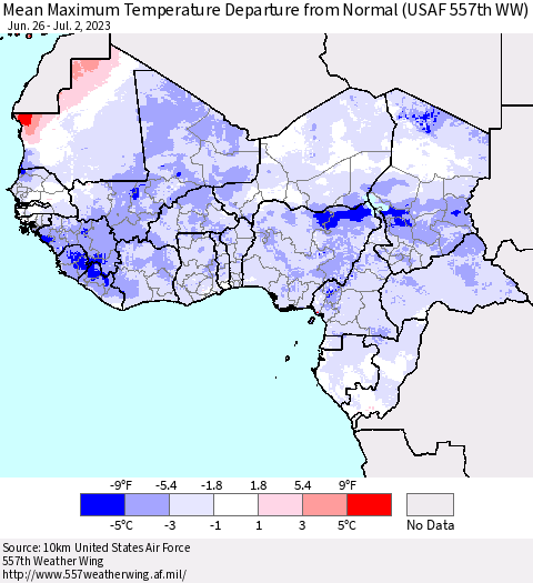 Western Africa Mean Maximum Temperature Departure from Normal (USAF 557th WW) Thematic Map For 6/26/2023 - 7/2/2023
