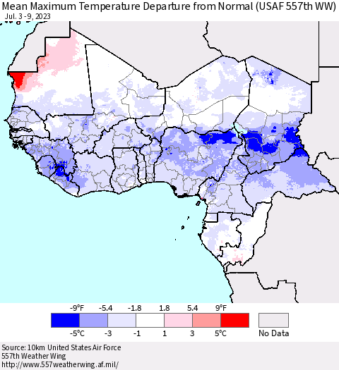 Western Africa Mean Maximum Temperature Departure from Normal (USAF 557th WW) Thematic Map For 7/3/2023 - 7/9/2023