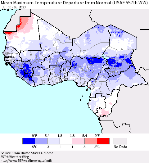 Western Africa Mean Maximum Temperature Departure from Normal (USAF 557th WW) Thematic Map For 7/10/2023 - 7/16/2023