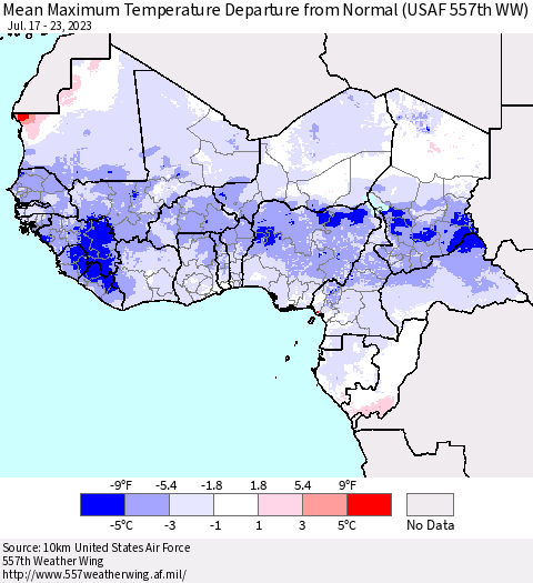 Western Africa Mean Maximum Temperature Departure from Normal (USAF 557th WW) Thematic Map For 7/17/2023 - 7/23/2023