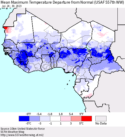 Western Africa Mean Maximum Temperature Departure from Normal (USAF 557th WW) Thematic Map For 7/24/2023 - 7/30/2023