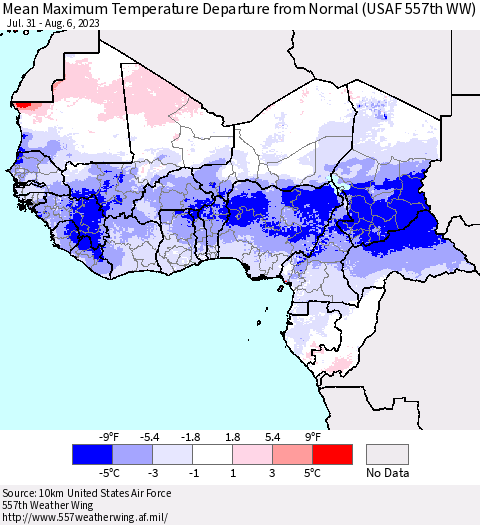 Western Africa Mean Maximum Temperature Departure from Normal (USAF 557th WW) Thematic Map For 7/31/2023 - 8/6/2023