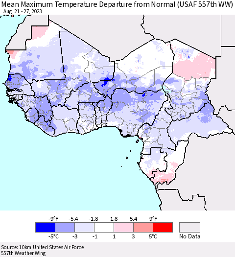 Western Africa Mean Maximum Temperature Departure from Normal (USAF 557th WW) Thematic Map For 8/21/2023 - 8/27/2023