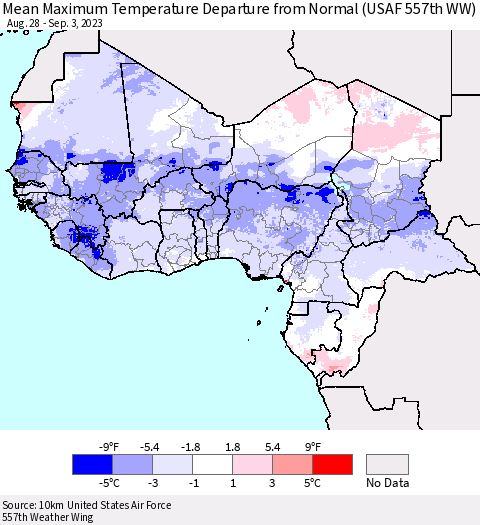 Western Africa Mean Maximum Temperature Departure from Normal (USAF 557th WW) Thematic Map For 8/28/2023 - 9/3/2023