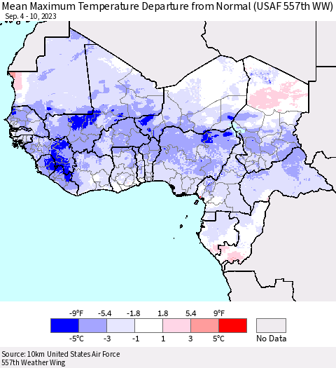 Western Africa Mean Maximum Temperature Departure from Normal (USAF 557th WW) Thematic Map For 9/4/2023 - 9/10/2023