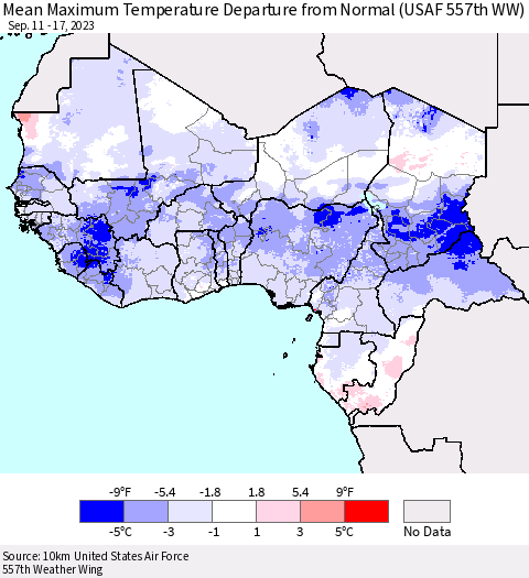 Western Africa Mean Maximum Temperature Departure from Normal (USAF 557th WW) Thematic Map For 9/11/2023 - 9/17/2023