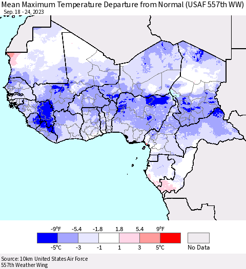Western Africa Mean Maximum Temperature Departure from Normal (USAF 557th WW) Thematic Map For 9/18/2023 - 9/24/2023