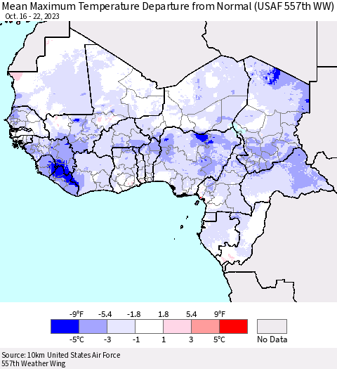 Western Africa Mean Maximum Temperature Departure from Normal (USAF 557th WW) Thematic Map For 10/16/2023 - 10/22/2023