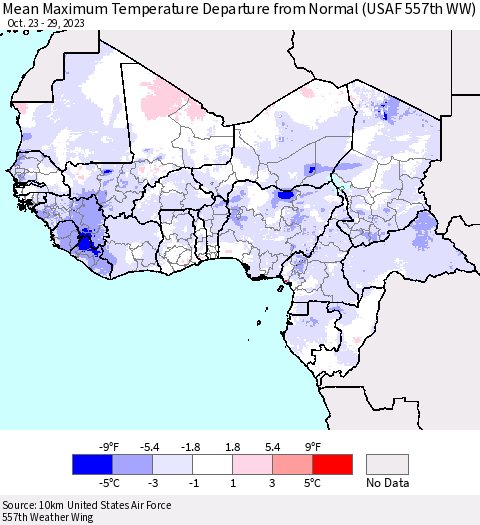 Western Africa Mean Maximum Temperature Departure from Normal (USAF 557th WW) Thematic Map For 10/23/2023 - 10/29/2023
