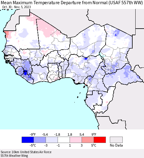 Western Africa Mean Maximum Temperature Departure from Normal (USAF 557th WW) Thematic Map For 10/30/2023 - 11/5/2023