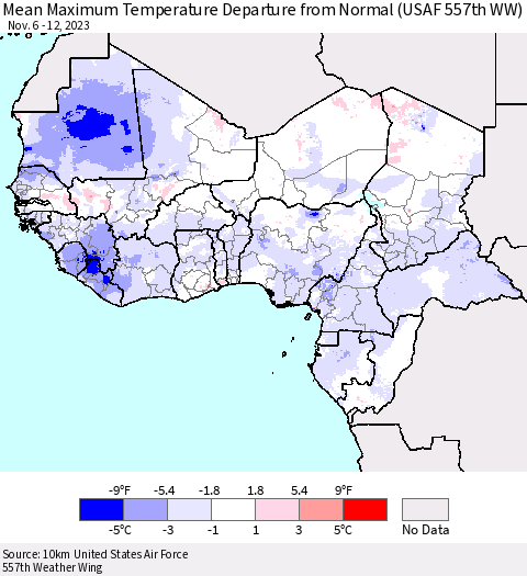 Western Africa Mean Maximum Temperature Departure from Normal (USAF 557th WW) Thematic Map For 11/6/2023 - 11/12/2023