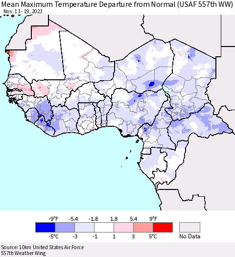 Western Africa Mean Maximum Temperature Departure from Normal (USAF 557th WW) Thematic Map For 11/13/2023 - 11/19/2023