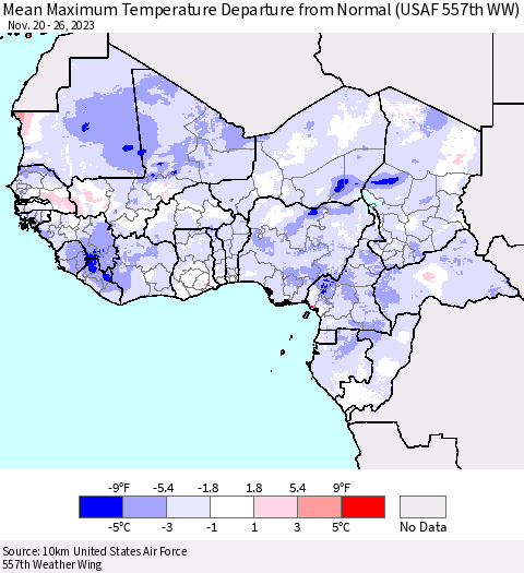 Western Africa Mean Maximum Temperature Departure from Normal (USAF 557th WW) Thematic Map For 11/20/2023 - 11/26/2023