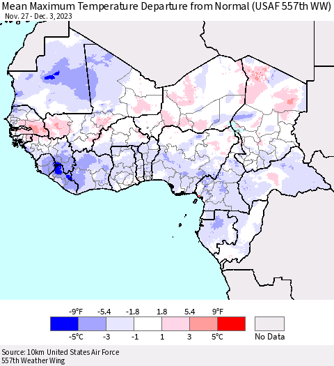 Western Africa Mean Maximum Temperature Departure from Normal (USAF 557th WW) Thematic Map For 11/27/2023 - 12/3/2023