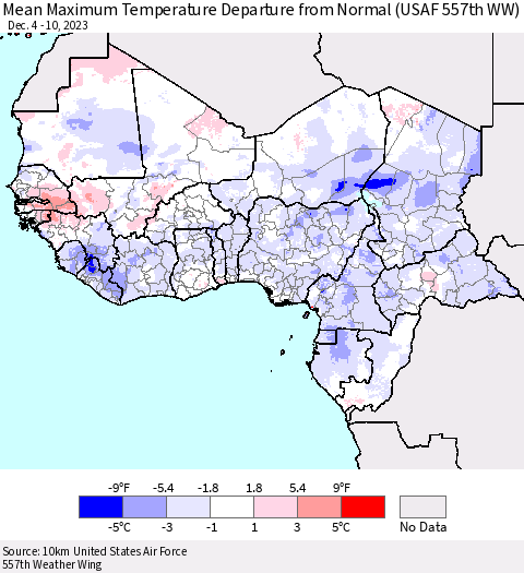 Western Africa Mean Maximum Temperature Departure from Normal (USAF 557th WW) Thematic Map For 12/4/2023 - 12/10/2023