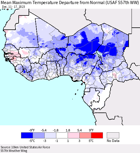 Western Africa Mean Maximum Temperature Departure from Normal (USAF 557th WW) Thematic Map For 12/11/2023 - 12/17/2023