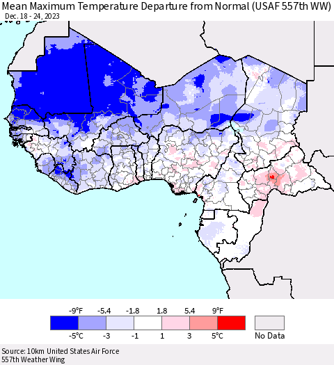 Western Africa Mean Maximum Temperature Departure from Normal (USAF 557th WW) Thematic Map For 12/18/2023 - 12/24/2023