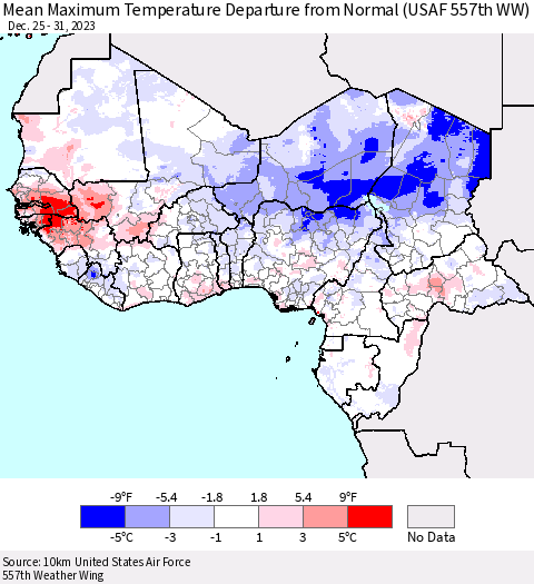 Western Africa Mean Maximum Temperature Departure from Normal (USAF 557th WW) Thematic Map For 12/25/2023 - 12/31/2023