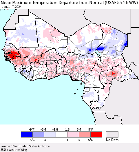 Western Africa Mean Maximum Temperature Departure from Normal (USAF 557th WW) Thematic Map For 1/1/2024 - 1/7/2024