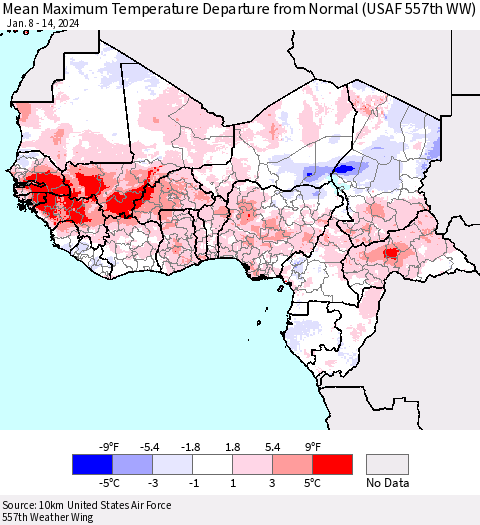 Western Africa Mean Maximum Temperature Departure from Normal (USAF 557th WW) Thematic Map For 1/8/2024 - 1/14/2024